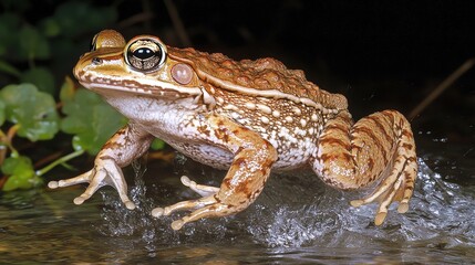 Fototapeta premium Leap of joy as a frog takes flight into a shimmering pond surrounded by lush greenery and vibrant nature