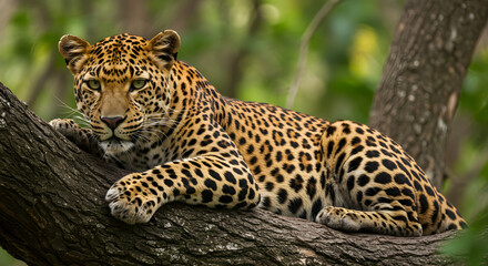 Obraz premium Leopard resting on tree in the wild