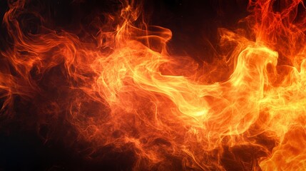 Abstract fiery orange and red flames with smoke on black background.