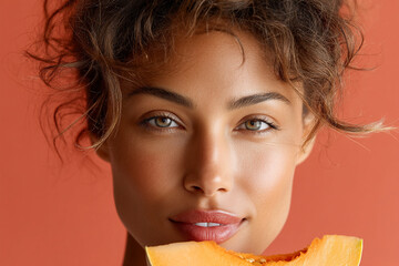 Portrait of beautiful woman holding cantaloupe melon slice posing against orange background. Woman with tan skin and curly hair eats cantaloupe melon