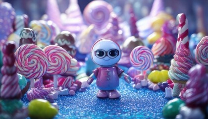Toy Robot Standing Amidst Colorful Candy Land Sweet Treats Scene