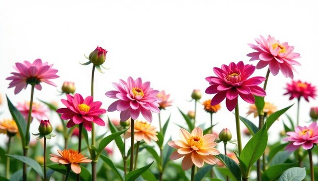 Fototapeta stunning dahlia flowers blooming in a garden against a white background, white, bloom