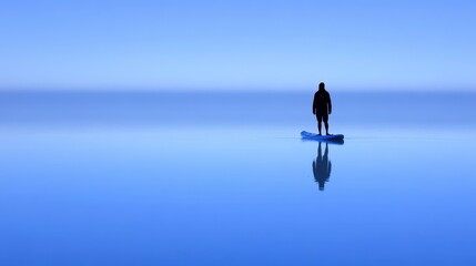 Fototapeta premium Paddleboard floats serenely on tranquil water reflecting endless blue skies