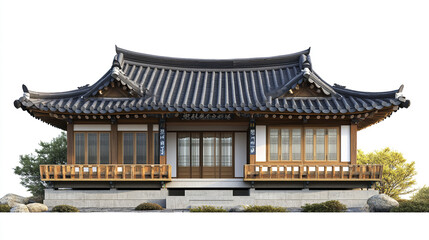 Naklejka premium Traditional Korean house with curved roof and wooden structure