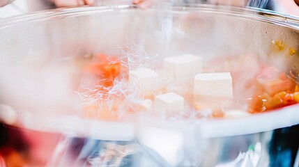 close-up of firm tofu with a double exposure effect revealing a Chinese family sharing a hot pot meal, symbolizing tofu’s role in communal dining and warmth. tofu, Chinese hot pot, family meal, 