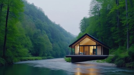 Fototapeta premium A modern cabin, illuminated from within, sits on a riverbank. Lush green forests frame the tranquil scene. The high-resolution image displays soft lighting and a serene mood. Cool colors dominate, ev