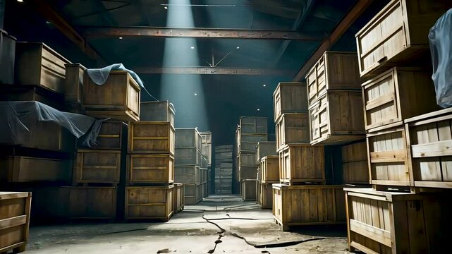 Warehouse filled with wooden crates stacked under spotlight in dusty atmosphere