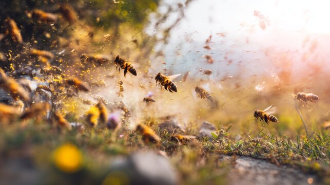 Dynamic scene of an aggressive bee swarm defending their hive against a curious explorer in a meadow