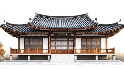 Fototapeta premium Traditional Korean house with curved roof and wooden details on white background