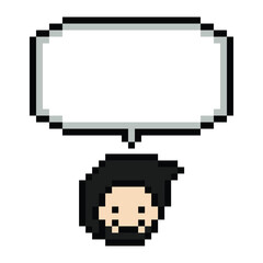 Obraz premium Cartoon pixel cute character man face with chat box blank decoration 8 bit male boy say speak discuss idea chat box cartoon pixel 8bit game png vector.