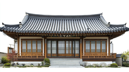 Fototapeta premium Traditional Korean house with wooden details and tiled roof on white background