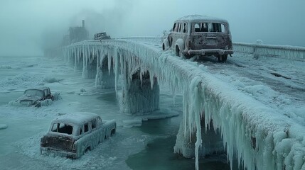 Obraz premium Abandoned vehicles are trapped in thick ice on a remote bridge, embodying nature's harsh grip on man-made structures