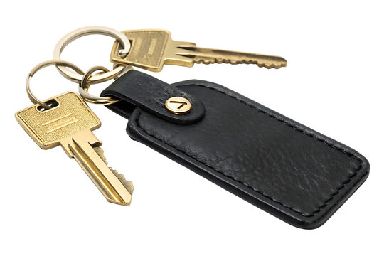 Black leather keyring with gold keys isolated on a white background