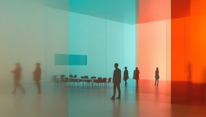 Fototapeta premium Silhouetted figures in a modern art gallery, bathed in vibrant teal and orange light. A minimalist aesthetic.