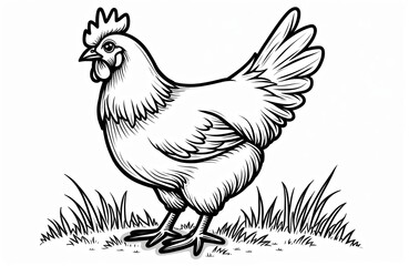 Fototapeta premium Line art illustration of chicken. Black and white drawing of bird. Chicken stands in grass. Detailed outline perfect coloring page for kids. Poultry farm animal. Drawing, cartoon isolated on white.