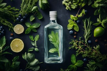 Gin bottle placed on a dark background surrounded by fresh herbs, spices, lemon and lime slices, creating a vibrant and aromatic scene
