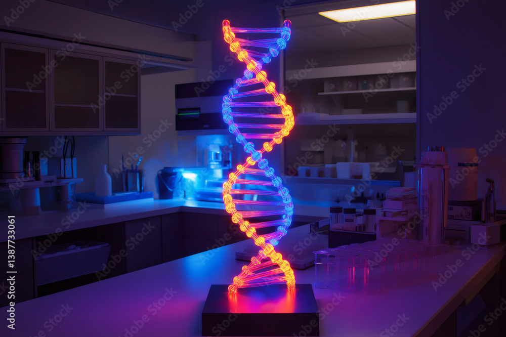 Poster luminous double helix dna model is displayed on a table in a modern laboratory, illuminated with vib