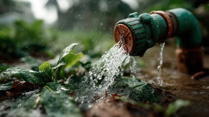 Obraz premium The image captures water gushing from a garden hose onto vibrant green plants, highlighting the importance of water for life and the cultivation of healthy flora.