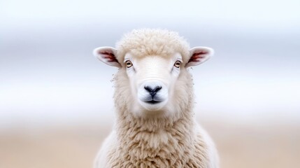 Fototapeta premium A fluffy white sheep stares directly at the camera. Its fleece is thick and creamy. The background is blurred, showing a pale sandy beach. The image is high-quality, with soft lighting. A serene and