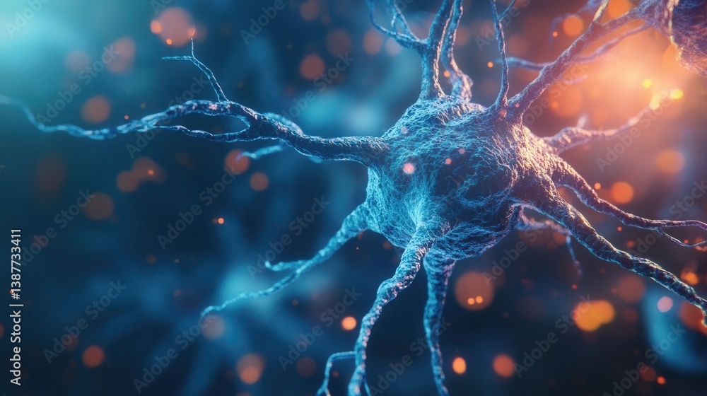 Poster close-up 3d render of a human cell on a blue background, featuring detailed macro photography with a