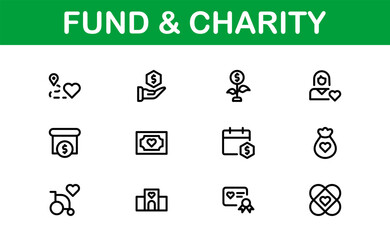 Professional Fund and Charity Icon Set Vector Illustration. Most Useful Icons for Donations, Volunteering, and Social Good