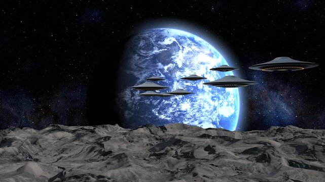 UFO fleet flying above moon surface heading earth, 3d rendering