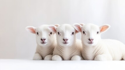 Fototapeta premium Three adorable, fluffy, white lambs laying down