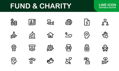 Professional Fund and Charity Icon Set Vector Illustration. Most Useful Icons for Donations, Volunteering, and Social Good