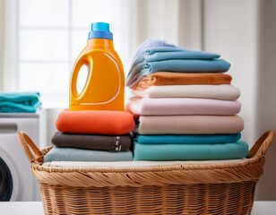 Detergent Bottle and Laundry Basket with Clothes