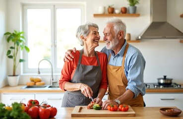 Elderly couple in kitchen prepare meal together. Happy senior man, woman cooking at home. Cheerful husband, wife cut vegetables, looking each other, smiling. Togetherness, love, retirement life.