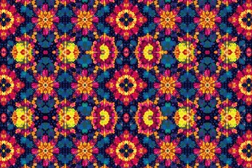 Geometric tapestry pattern, vibrant colors, seamless design, fabric, vibrant, bright