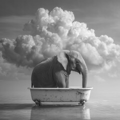 photorealistic elephant in bathtub with cloud above