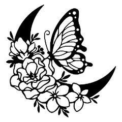 Elegant Butterfly and Floral Moon Illustration - Black and White Intricate Design 