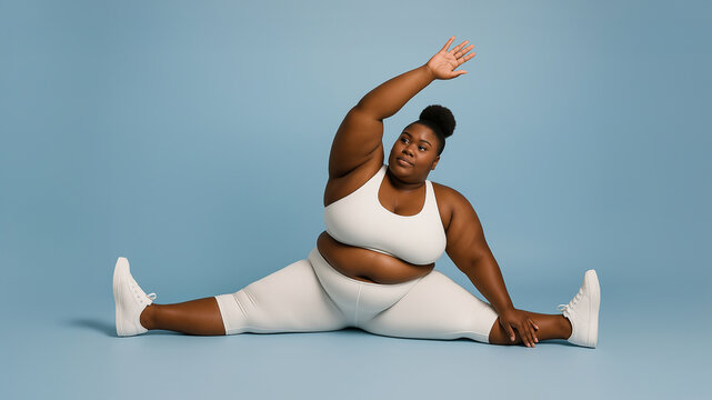 Plus-size black woman stretching, leg-split,  practicing yoga and fitness exercises, weight loss and healthy lifestyle