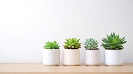 Obraz premium Four succulents in white pots sit on a light wood surface against a white wall. The image is well-lit, showcasing the plants vibrant green hues. A minimalist aesthetic is present. The calm colors cr