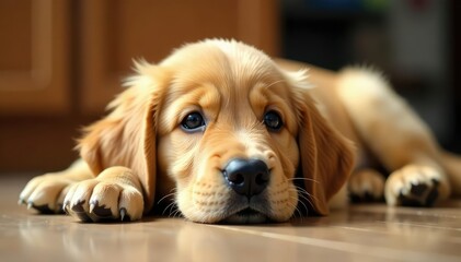Golden retriever puppy lies down, head tilted , dog, isolated