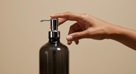 Hand Pressing a Pump Bottle: Minimalist Design for Skincare and Hygiene Products.