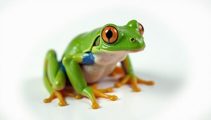 Obraz premium Green tree frog, perched on white, vibrant skin, stock photo, legs