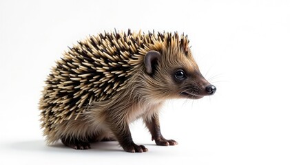 Fototapeta premium Hedgehog standing, facing right, pure white background, image, background, spines