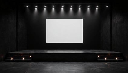 Empty stage with a blank screen, ready for a presentation or performance. Dark and moody atmosphere with subtle lighting.