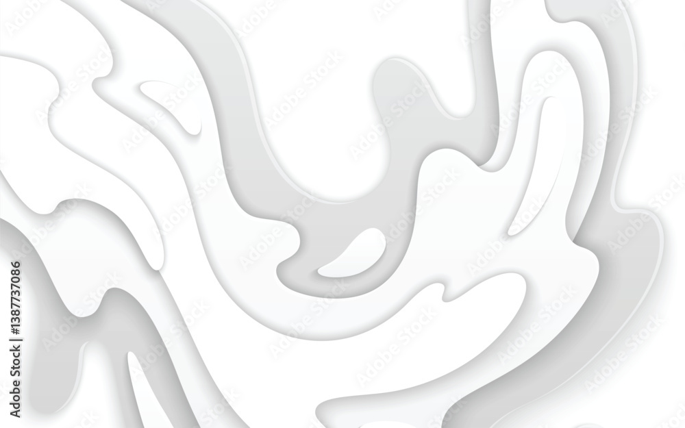 Poster abstract white and light gray background with flowing, organic shapes creating a layered, paper-cut 