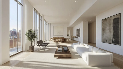 Fototapeta premium Modern loft style living room with white walls and sleek furniture