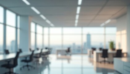 Blurred modern office interior with panoramic windows. Light, airy atmosphere. Large corporate workspace with meeting tables, chairs, urban skyline in background. Business, finance, teamwork concept.