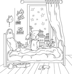 girl looking at stars in window before sleep, vector outline drawing