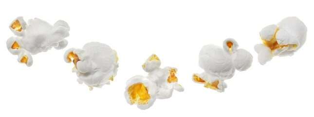 Macro popcorn flying, isolated on white background, with clipping path	