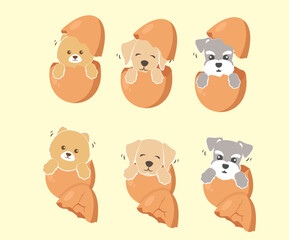 Cute Cartoon dog puppy sitting in the broken egg vector