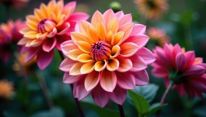 Fototapeta premium Intricate dahlia blooms, vibrant colors, close-up view, nature, botanical, dahlia