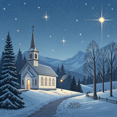 Charming Snowy Church in Peaceful Mountain Landscape – Winter Christmas Night Illustration with Starry Sky

