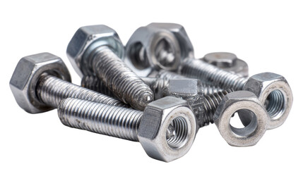 Close-up of metallic bolts and nuts on white background. transparent background