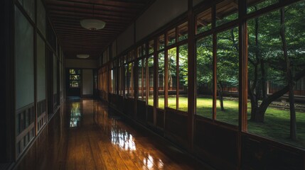 Tranquil corridor of an old japanese house with lush views and polished wooden floors